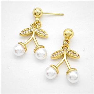 Copper Cherry Stud Earrings Pave Zirconia Pearlized Resin Gold Plated, approx 15mm, 5mm [FD20277]