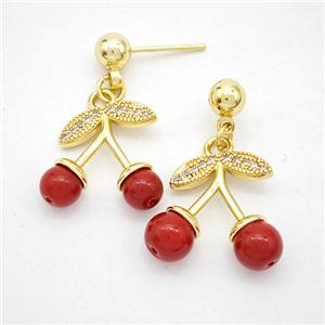 Copper Cherry Stud Earrings Pave Zirconia Pearlized Resin Gold Plated, approx 15mm, 5mm [FD20278]