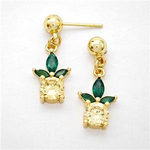 Copper Pineapple Stud Earrings Pave Zirconia Gold Plated, approx 10-14mm, 5mm [FD20281]