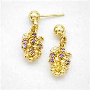 Copper Grape Stud Earrings Pave Zirconia Gold Plated, approx 10-12mm, 5mm [FD20283]
