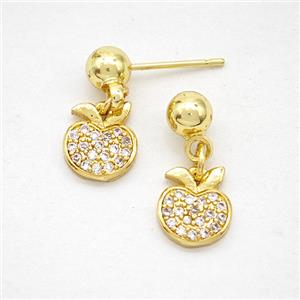 Copper Apple Stud Earrings Pave Zirconia Gold Plated, approx 8-9mm, 5mm [FD20285]
