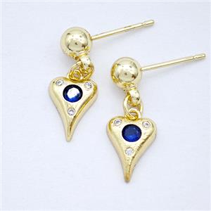 Copper Heart Stud Earrings Pave Zirconia Gold Plated, approx 8-10mm, 5mm [FD20293]