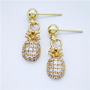 Copper Pineapple Stud Earrings Pave Zirconia Gold Plated, approx 8-13mm, 5mm [FD20294]