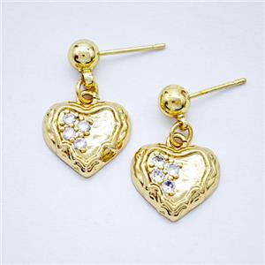 Copper Heart Stud Earrings Pave Zirconia Gold Plated, approx 13.5mm, 5mm [FD20296]