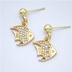 Copper Fish Stud Earrings Pave Zirconia Gold Plated, approx 11-12mm, 5mm [FD20297]
