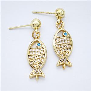 Copper Fish Stud Earrings Pave Zirconia Gold Plated, approx 9-18mm, 5mm [FD20299]