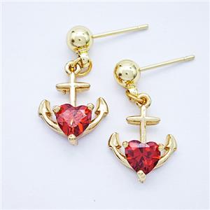 Copper Anchor Stud Earrings Pave Zirconia Gold Plated, approx 12-13mm, 5mm [FD20301]