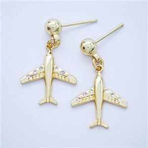 Copper Airplane Stud Earrings Pave Zirconia Gold Plated, approx 16mm, 5mm [FD20304]