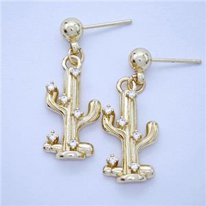 Copper Cactus Stud Earrings Pave Zirconia Gold Plated, approx 11.5-20mm, 5mm [FD20306]