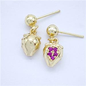 Copper Strawberry Stud Earrings Pave Zirconia Gold Plated, approx 8-10mm, 5mm [FD20310]