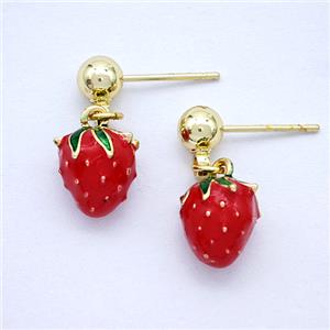 Copper Strawberry Stud Earrings Red Enamel Gold Plated, approx 9mm, 5mm [FD20311]