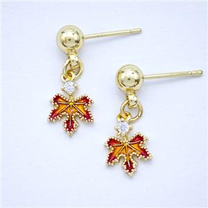 Copper Maple Leaf Stud Earrings Pave Zirconia Painted Gold Plated, approx 8mm, 5mm [FD20312]