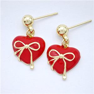 Copper Heart Stud Earrings Red Enamel Bowknot Gold Plated, approx 13.5mm, 5mm [FD20317]