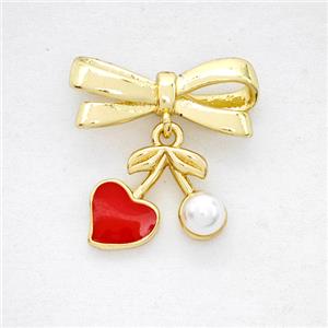 Copper Bowknot And Cherry Earrings Pave Pearlized Red Enamel Gold Plated, approx 10-12mm, 7-17mm [FD20329]