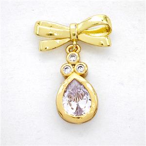 Copper Bowknot And Teardrop Earrings Pave Zirconia Gold Plated, approx 9-16mm, 7-17mm [FD20333]