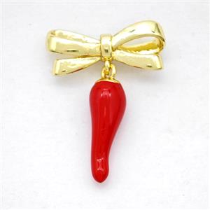 Copper Bowknot And Chili Earrings Red Enamel Gold Plated, approx 5-15mm, 7-17mm [FD20345]