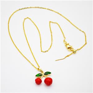 Copper Cherry Necklace Red Enamel Gold Plated, approx 17-18mm, 46cm length [FD20366]