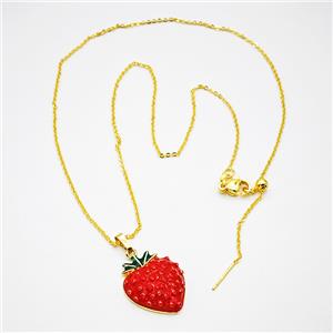 Copper Strawberry Necklace Red Enamel Gold Plated, approx 18-22mm, 46cm length [FD20367]