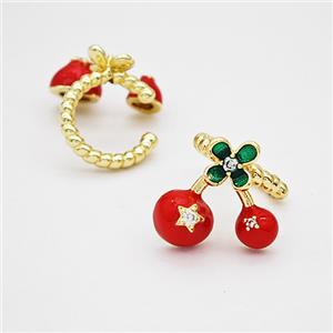 Copper Cherry Clip Earrings Red Enamel Gold Plated, approx 15mm, 14mm dia [FD20370]