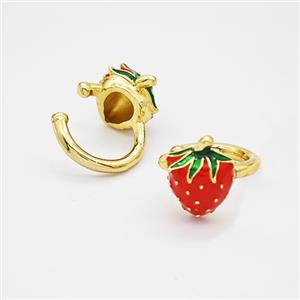 Copper Strawberry Clip Earrings Red Enamel Gold Plated, approx 9-12mm, 12mm dia [FD20371]