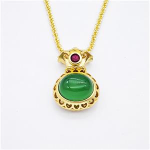 Copper Necklace With FortuneBag Pave Green Jade Gold Plated, approx 16-25mm, 2mm, 42-47cm length [FD20372]