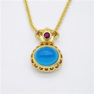 Copper Necklace With FortuneBag Pave Blue Jade Gold Plated, approx 16-25mm, 2mm, 42-47cm length [FD20373]