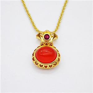Copper Necklace With FortuneBag Pave Red Jade Gold Plated, approx 16-25mm, 2mm, 42-47cm length [FD20374]