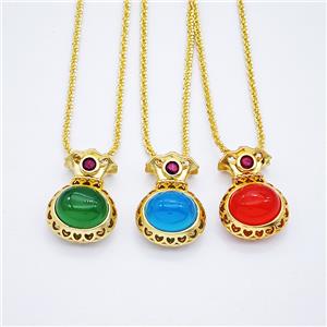 Copper Necklace With FortuneBag Pave Jade Gold Plated Mixed, approx 16-25mm, 2mm, 42-47cm length [FD20375]