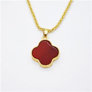 Copper Clover Necklace Pave Red Agate Gold Plated, approx 16mm, 2mm, 42-47cm length [FD20377]