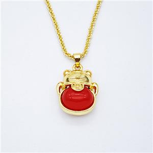 Copper Luckycat Necklace Pave Red Agate Gold Plated, approx 16-18mm, 2mm, 42-47cm length [FD20378]