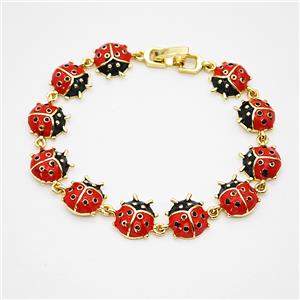Copper Ladybug Bracelets Pave Zirconia Red Enamel Gold Plated, approx 9-12mm, 17cm length [FD20379]