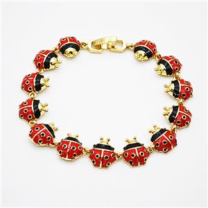 Copper Ladybug Bracelets Pave Zirconia Red Enamel Gold Plated, approx 9-12mm, 17cm length [FD20380]
