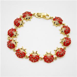 Copper Ladybug Bracelets Pave Zirconia Red Enamel Gold Plated, approx 9-12mm, 17cm length [FD20381]