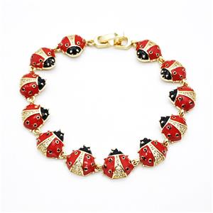Copper Ladybug Bracelets Pave Zirconia Red Enamel Gold Plated, approx 9-12mm, 17cm length [FD20382]