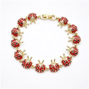 Copper Ladybug Bracelets Pave Zirconia Red Enamel Gold Plated, approx 9-12mm, 17cm length [FD20383]