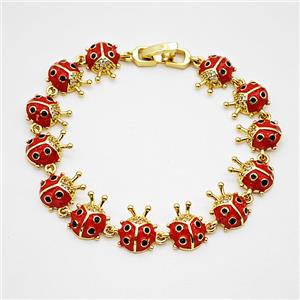 Copper Ladybug Bracelets Pave Zirconia Red Enamel Gold Plated, approx 9-12mm, 17cm length [FD20384]