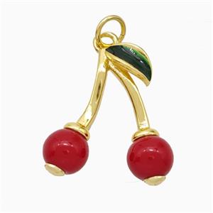 Copper Cherry Pendant Pave Red Pearlized Resin Gold Plated, approx 17-19mm [FD20393]