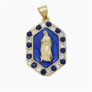 Copper Jesus Pendant Pave Zirconia Blue Enamel Gold Plated, approx 17-23mm [FD20432]