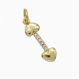 Copper Dogbone Pendant Pave Zirconia Heart Gold Plated, approx 5.5-16mm [FD20498]