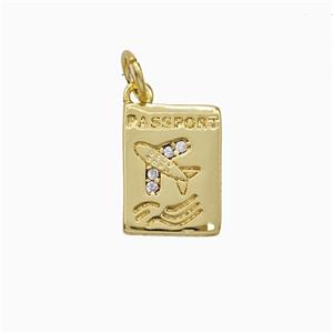 Passport Card Charms Copper Pendant Pave Zirconia Airplane Gold Plated, approx 9-12mm [FD20513]