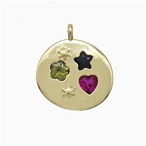 Copper Circle Pendant Pave Zirconia Flower Star Heart Gold Plated, approx 15-16mm [FD20553]