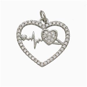 Copper Heart Pendant Pave Zirconia Heartbeat Platinum Plated, approx 19mm [FD20611]