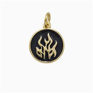 Fire Flame Charms Copper Pendant Black Enamel Circle Gold Plated, approx 12mm [FD20661]