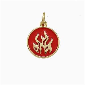 Fire Flame Charms Copper Pendant Red Enamel Circle Gold Plated, approx 12mm [FD20662]