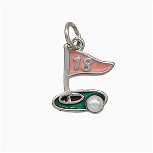 Golf Course Charms Copper Pendant Pave Pearlized Resin Pink Enamel Flag Sports Platinum Plated, approx 11-13mm [FD20674]