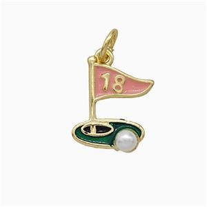 Golf Course Charms Copper Pendant Pave Pearlized Resin Pink Enamel Flag Sports Gold Plated, approx 11-13mm [FD20675]