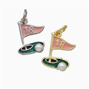 Golf Course Charms Copper Pendant Pave Pearlized Resin Pink Enamel Flag Sports Mixed, approx 11-13mm [FD20676]