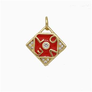 Copper LOVE Pendant Pave Zirconia Red Enamel Square Gold Plated, approx 11mm [FD20691]