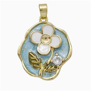 Copper Flower Pendant Pave Zirconia Blue Painted Gold Plated, approx 17-18mm [FD20703]