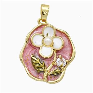 Copper Flower Pendant Pave Zirconia Pink Painted Gold Plated, approx 17-18mm [FD20704]